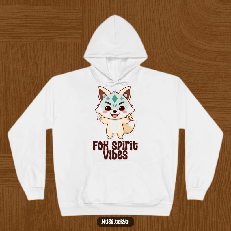 Funny Hoodie featuring a character striking a lively pose in a happy Kitsune mask, offering warm, humorous comfort.
