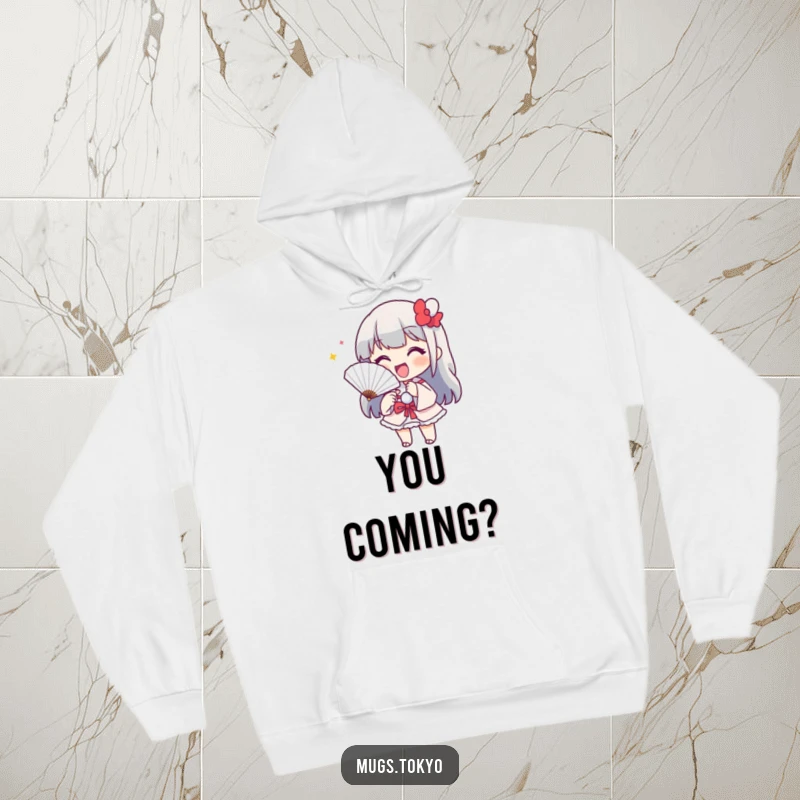 Funny hoodie with a cheerful character holding a paper fan, playfully beckoning. Cozy and humorous outerwear.