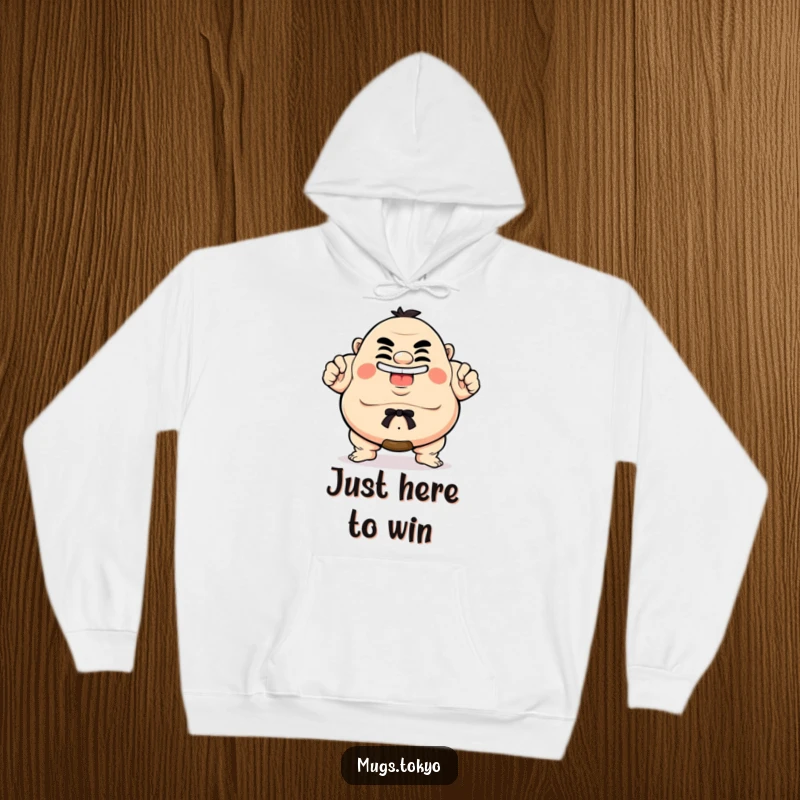 Funny Hoodie depicting a proud sumo wrestler character with a beaming, hilarious grin, offering warmth and a funny gift option.