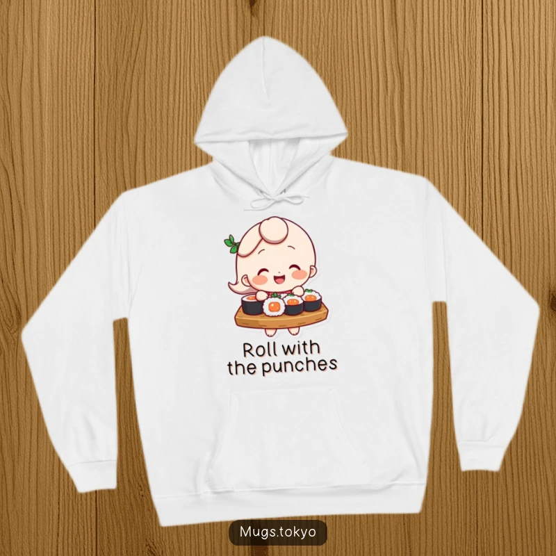 Funny Hoodie: A cheerful character precariously balances a tray loaded with fresh sushi, perfect for cozy, humorous lounging.