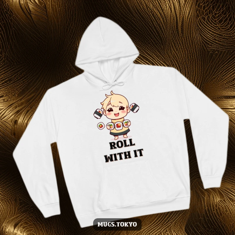 Funny Hoodie featuring a cheerful character expertly juggling three delectable sushi rolls, ideal for cozy, humorous wear.