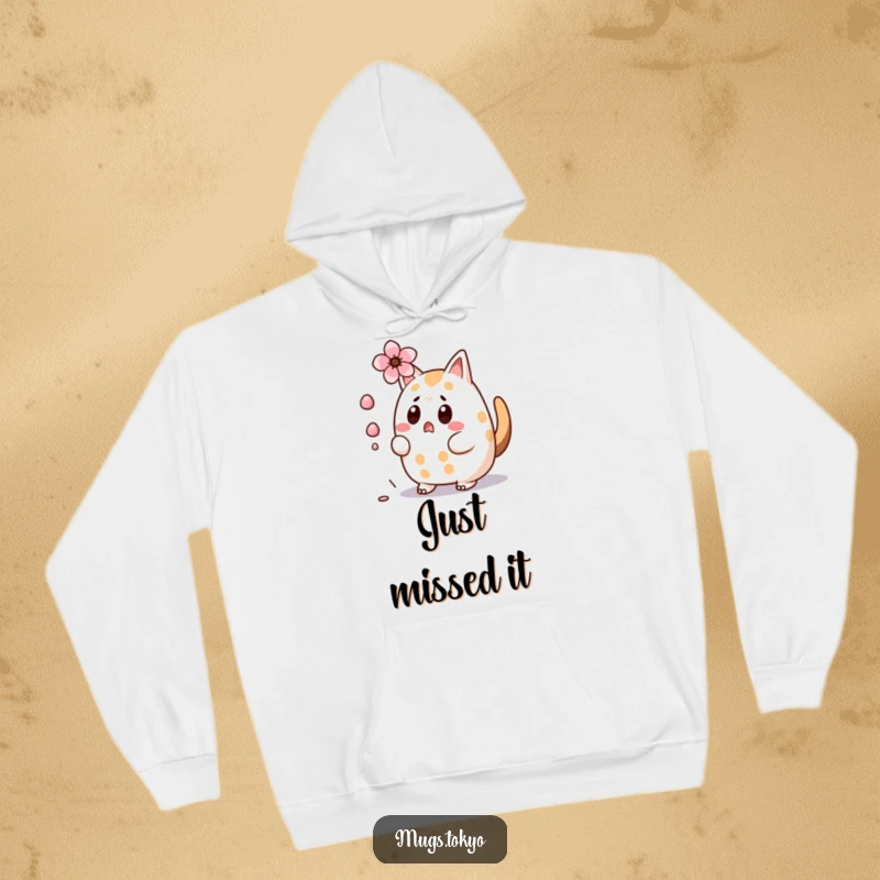 Funny Taiyaki Hoodie: Surprised wagging tail character, just missing a falling cherry blossom, soft and warm.