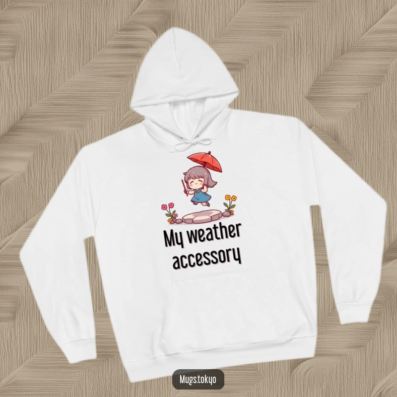 Funny Hoodie: A character playfully bounces a small red umbrella, creating a cozy and cheerful vibe for cool weather.