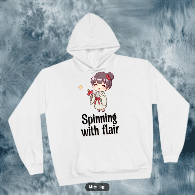 Funny yukata spinner hoodie, a character wearing a yukata, happily spinning a spinning top, offering warmth and nostalgic charm.
