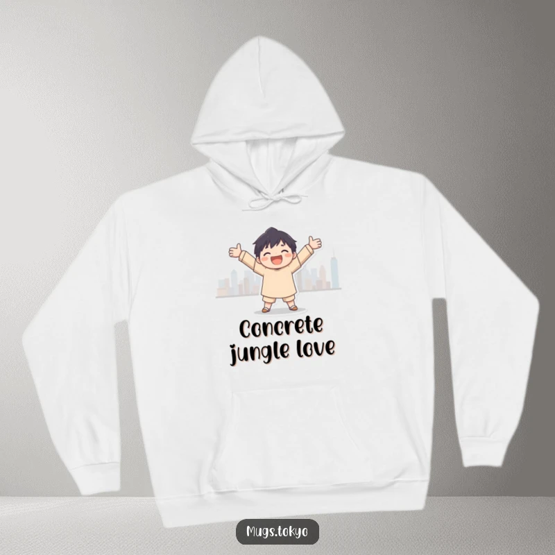 Funny city embrace hoodie, a character joyfully embracing a city skyline silhouette, offering warmth and urban inspiration.