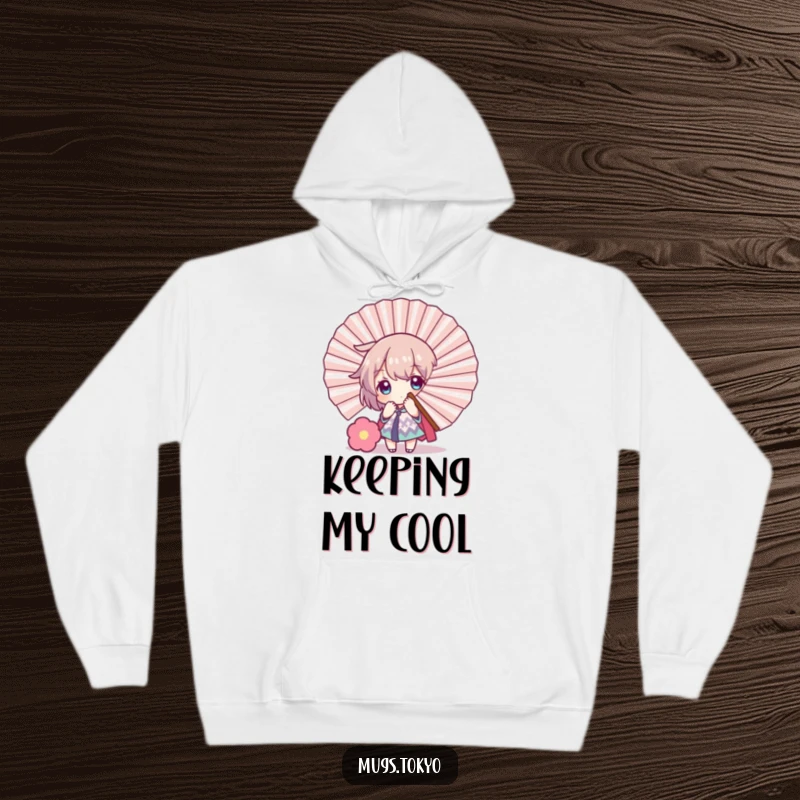Funny hoodie with a character playfully peeking from behind a large decorative fan, perfect for cozying up with a dose of shy humor.