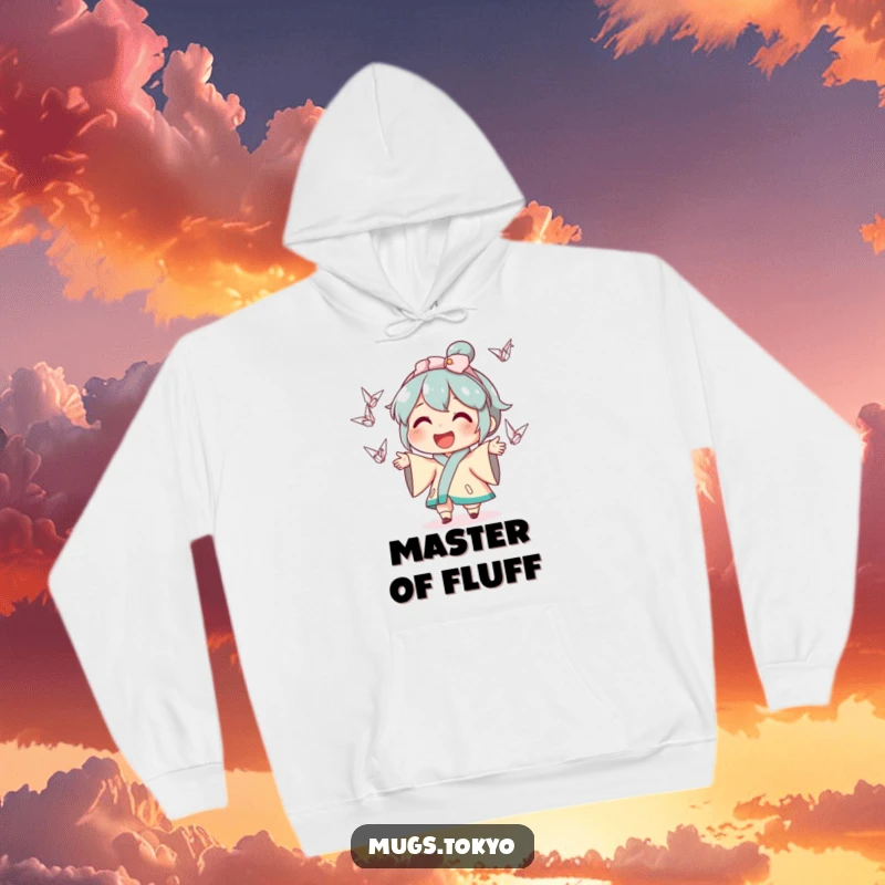Funny hoodie depicting a joyful character in mid-juggle with small, delicate origami cranes, radiating happiness and playful energy.
