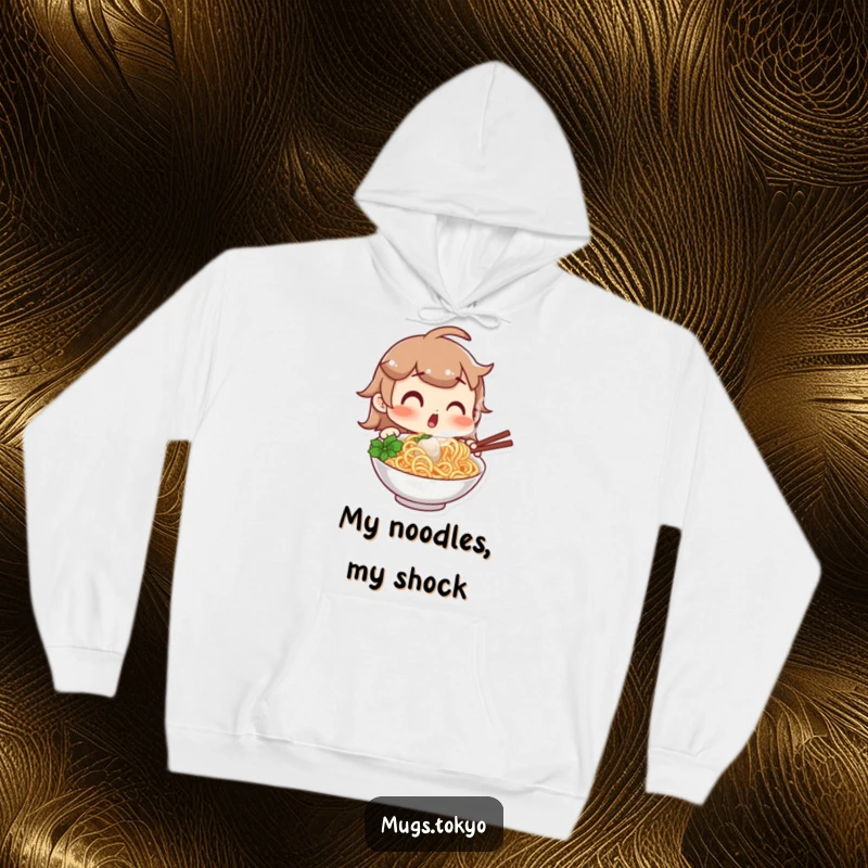Funny hoodie showcasing a character with a comically surprised expression looking at a steaming bowl of delicious noodles, perfect for cozy, foodie moments.