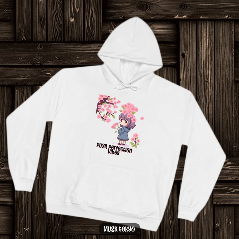 Funny Hoodie depicting a character mesmerized by a giant pixelated cherry blossom bouquet, perfect for comfortable, humorous wear.