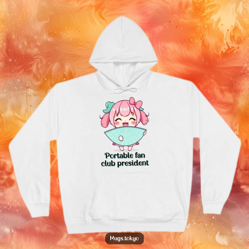 Funny hoodie featuring a character with a wide smile holding a large novelty fan, offering comfort and a humorous, breezy feel.