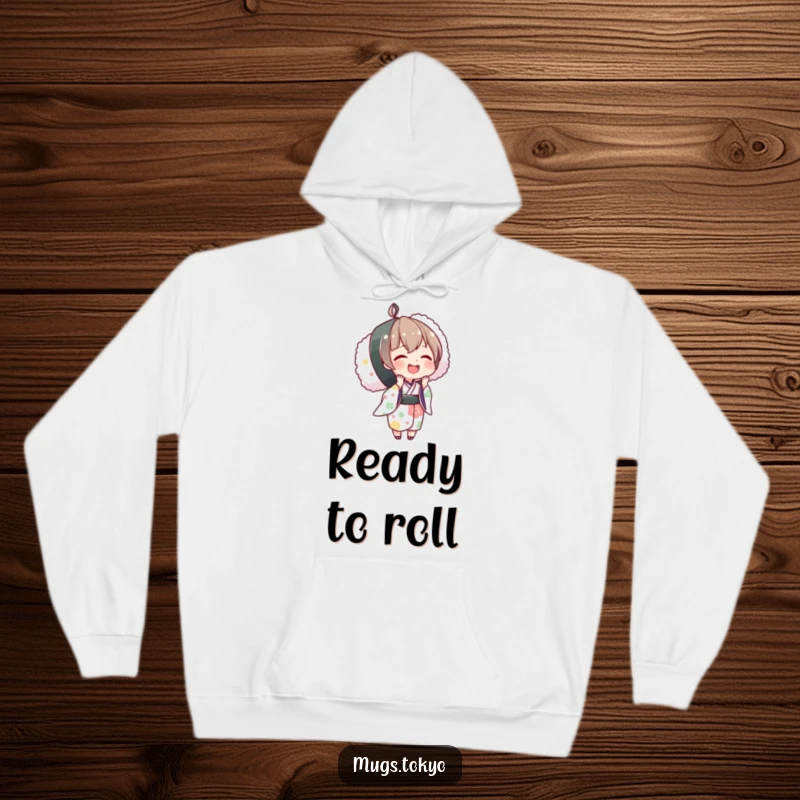 Funny hoodie with a cute character in a kimono holding a massive sushi roll, offering warmth and culinary humor.