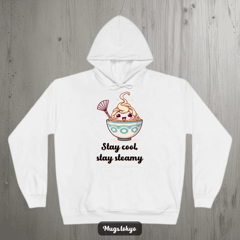 Funny hoodie featuring a happy ramen bowl character with steam, waving a tiny fan to cool down, offering comfort and playful humor.