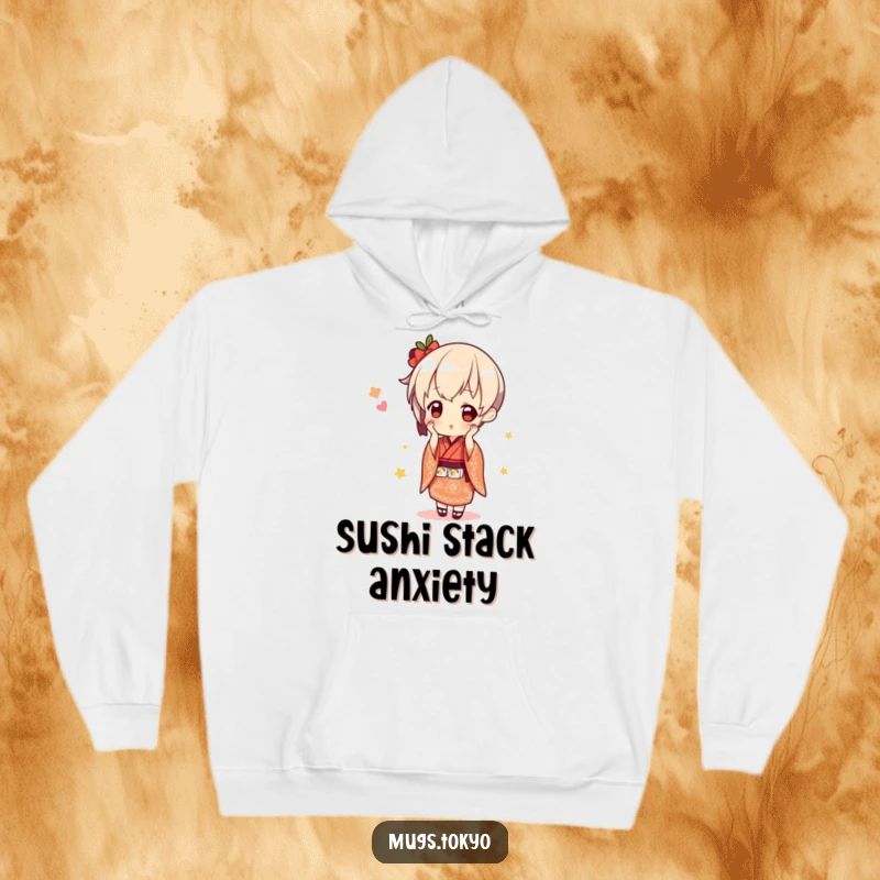 Funny cute character in a kimono, balancing sushi, a warm and humorous hoodie for food lovers.