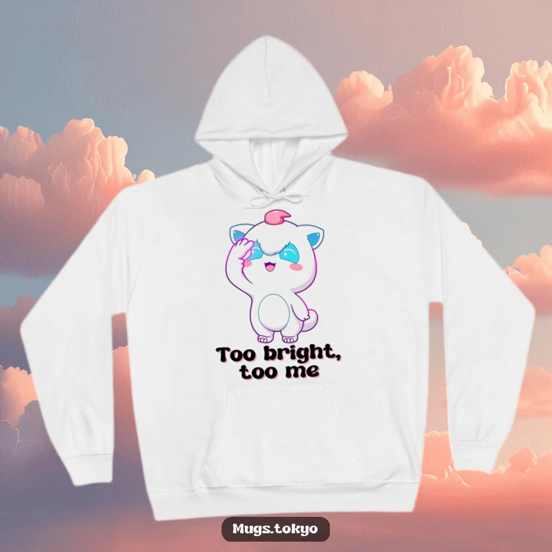Funny Neon Night Hoodie: A character shields its eyes from bright neon lights, offering comfortable and humorous warmth.