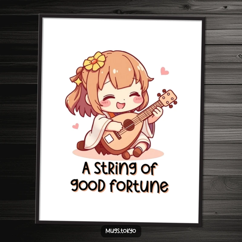 Funny Free Printable Wall Art: Character joyfully strumming a miniature shamisen, adding a touch of Japanese music and humor to decor.