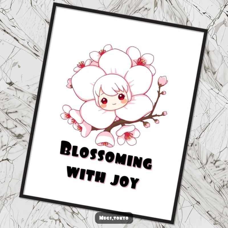 Funny Free Printable Wall Art: Playful character peeking from a large cherry blossom. Whimsical, downloadable decor for a touch of charm.