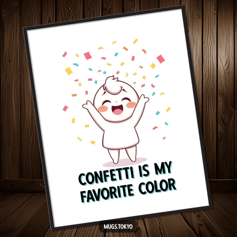 Funny free printable wall art of a cheerful character joyfully tossing colorful confetti into the air, perfect for festive decor.