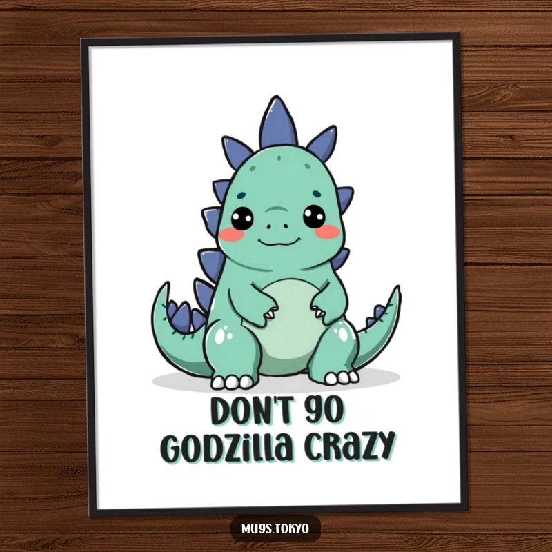 Funny Free Printable Wall Art depicting a character making a silly face to playfully surprise a small, cartoonish Godzilla, creating a humorous scene.