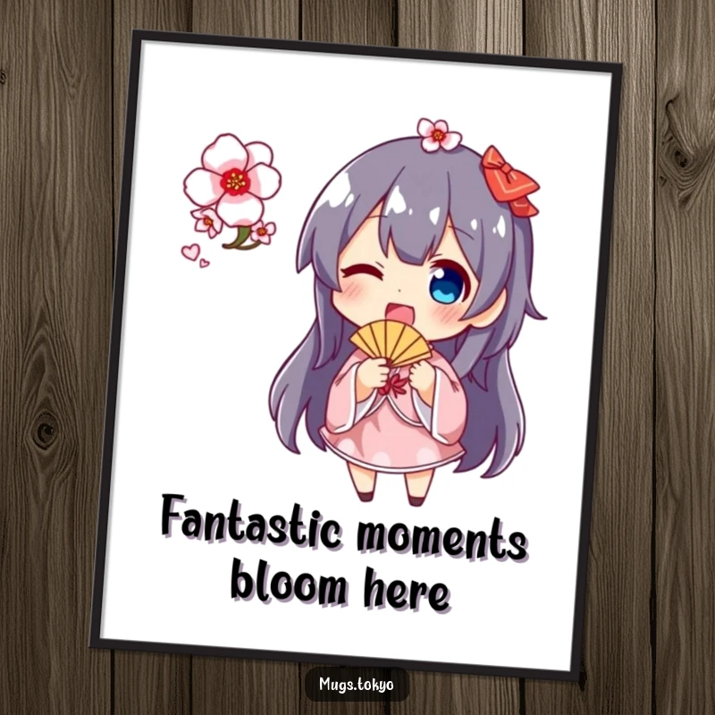 Funny Free Printable wall art featuring a character joyfully waving a small fan with cherry blossoms, creating an atmosphere of pure delight.