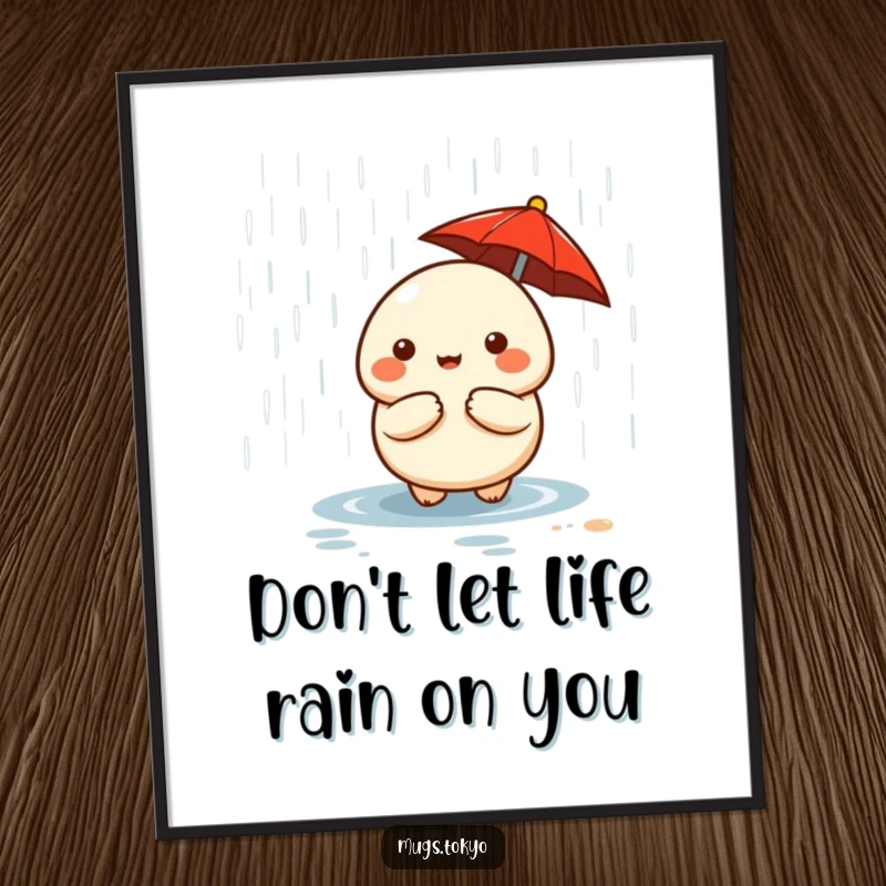Funny free printable wall art showing a cute dumpling character with a red umbrella, peeking out from a gentle rain.