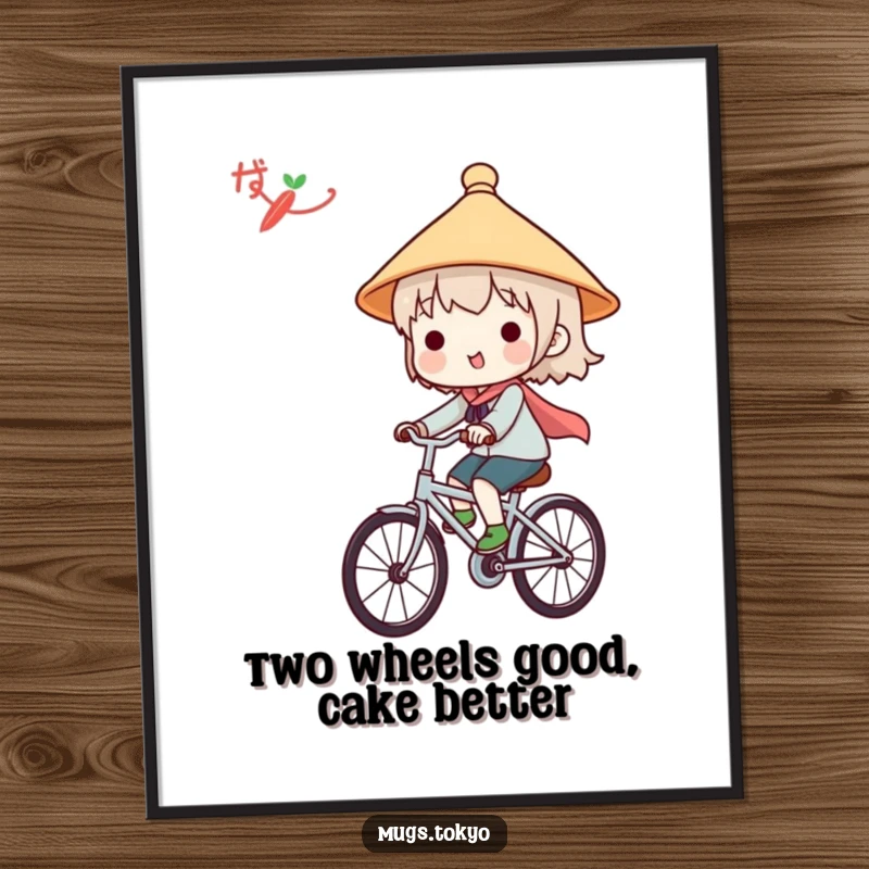 Funny Free Printable Wall Art: Cute character in a tiny Japanese hat happily riding a bicycle, bringing cheerful vibes.