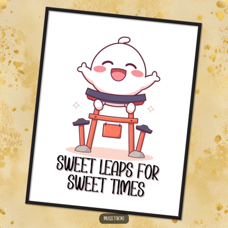 Funny Free Printable Wall Art of a bouncy dango character with a huge grin, captured mid-leap over a tiny shrine gate.