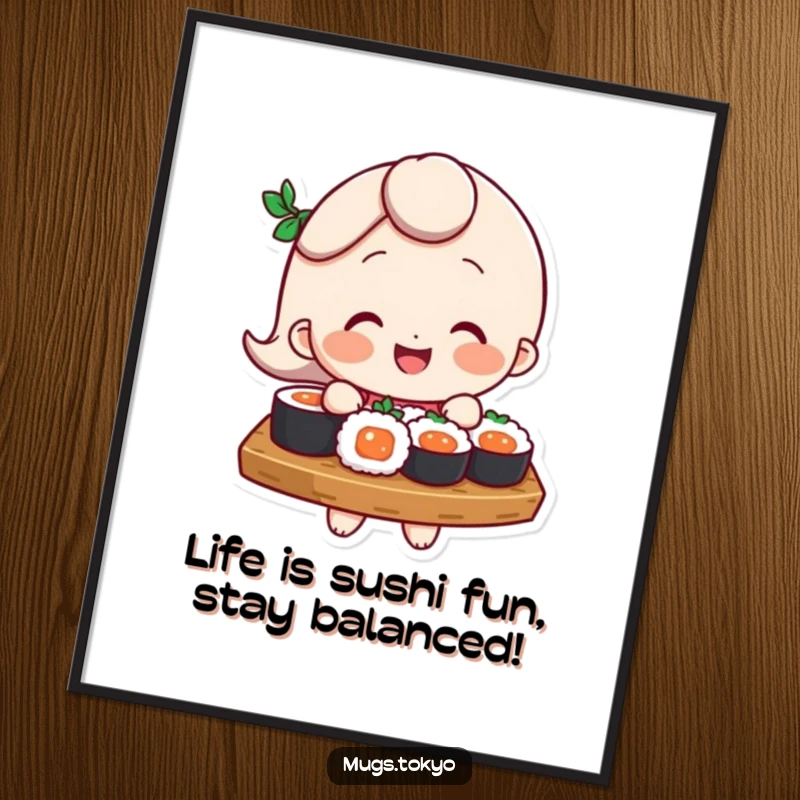 Funny Free Printable Wall Art of a character humorously balancing a large sushi tray, adding a decorative touch of silliness.