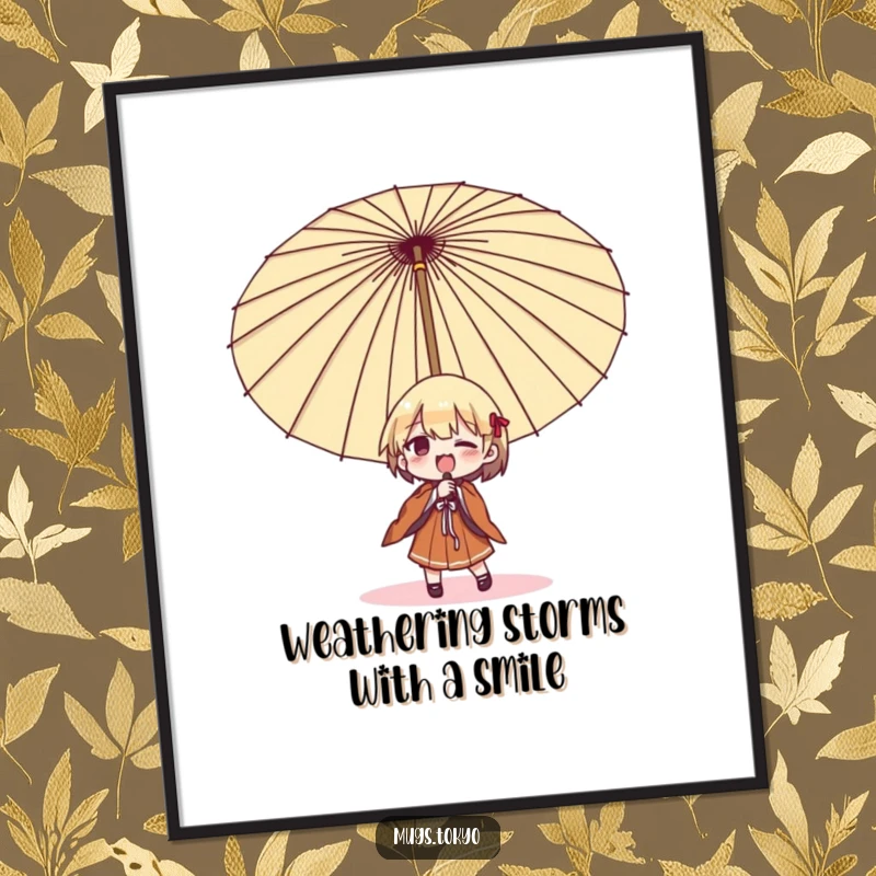 Funny Free Printable Wall Art: Character comically wrestling with a giant traditional Japanese umbrella, adding humor to any room.