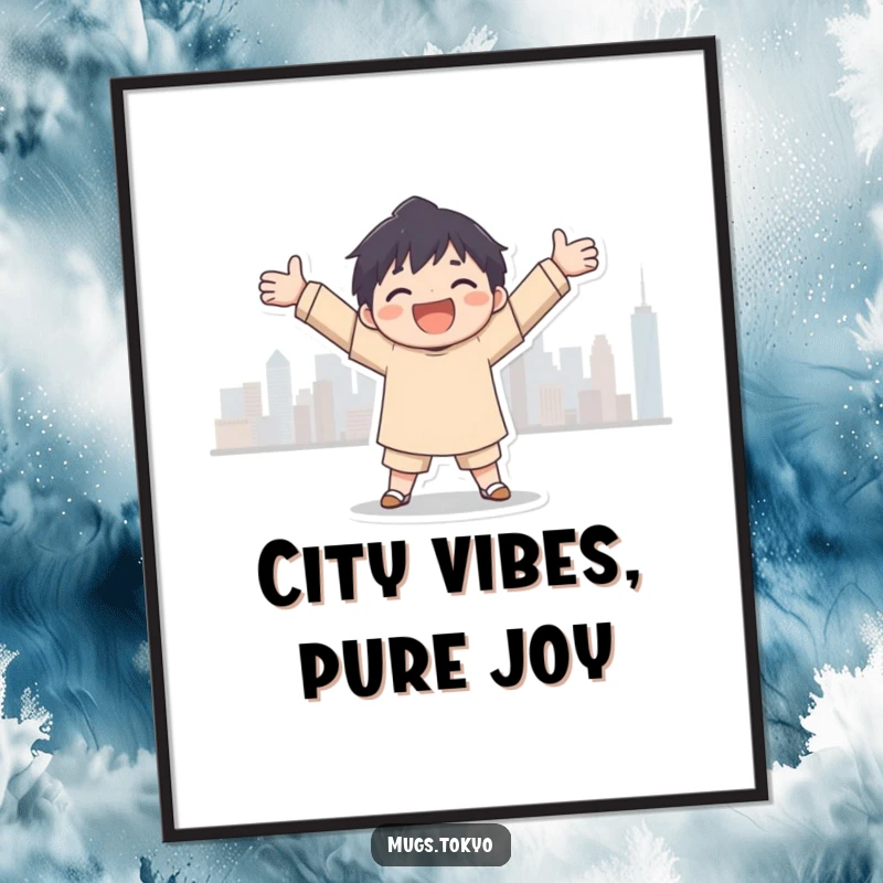 Funny Free Printable Wall Art: Character with arms open embracing a city skyline silhouette, evoking feelings of joy and possibility.