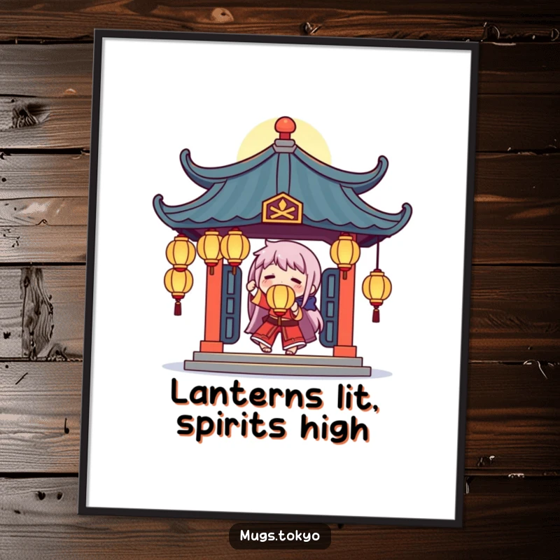 Funny Free Printable Wall Art: a character skillfully juggling glowing lanterns under a temple roof, creating a magical atmosphere.