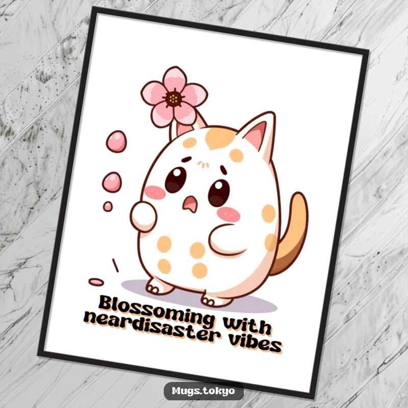Funny Free Printable Wall Art: A surprised taiyaki character humorously dodges a falling cherry blossom, wagging its tail.