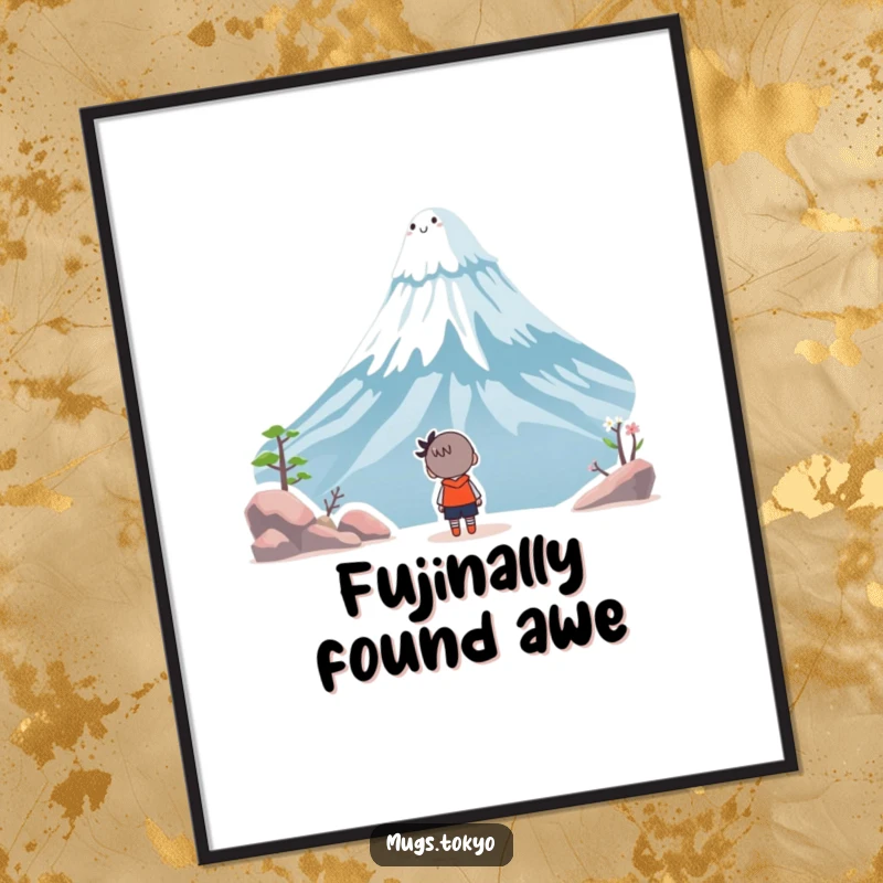Funny Free Printable Wall Art: A character stares in awe at a whimsical, smiling Mount Fuji, creating an inspiring scene.