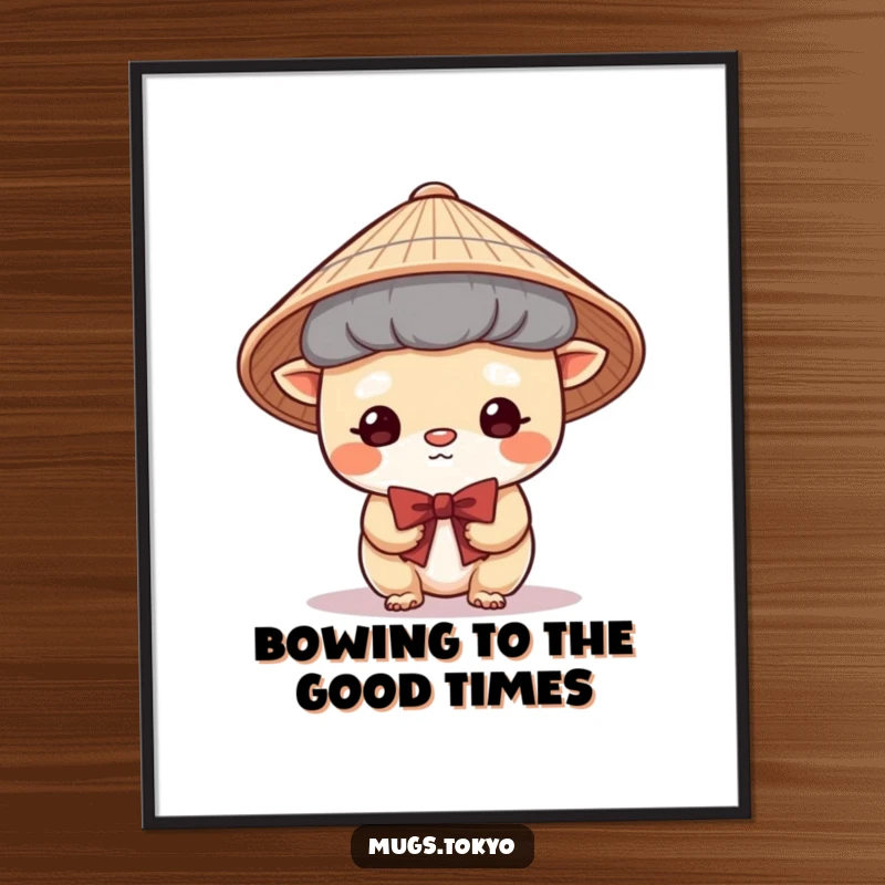 Funny Free Printable Wall Art: A cute creature wearing a Japanese hat bows shyly, radiating sweet humility.