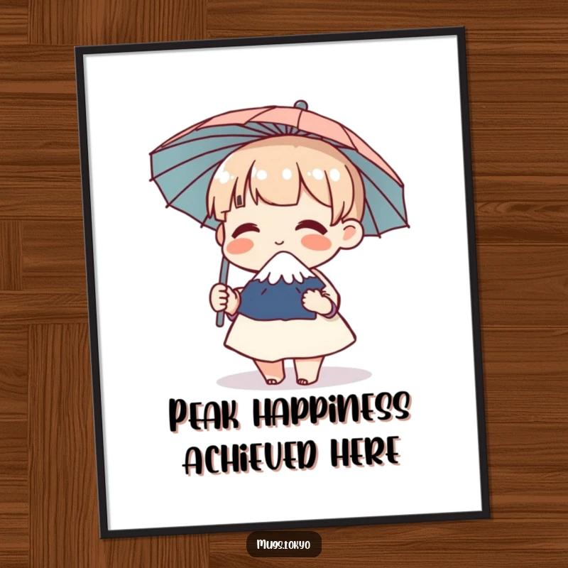 Funny Free Printable Wall Art: A character joyfully giggling while holding a miniature Mount Fuji umbrella, creating cheerful decor.