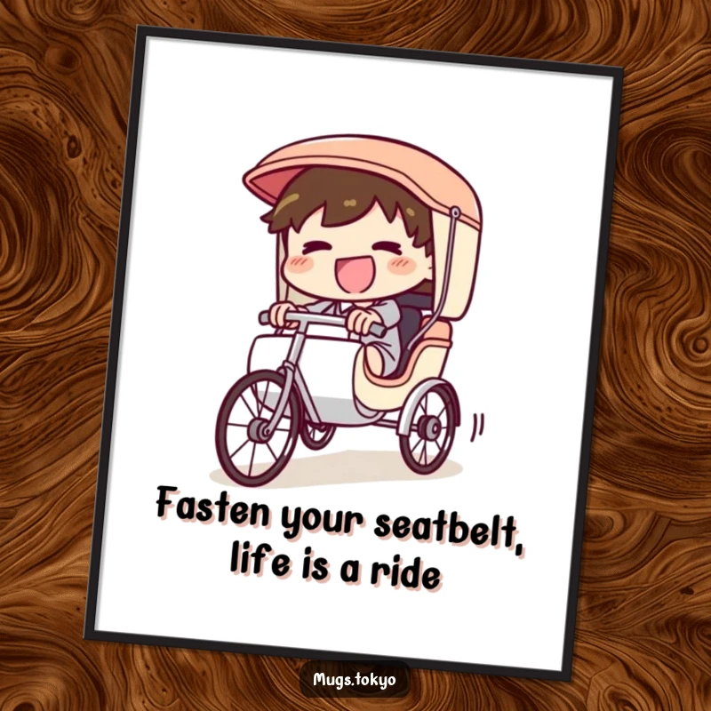 Funny Free Printable Wall Art: A giggling character pedals furiously downhill in a tiny rickshaw, full of playful energy.