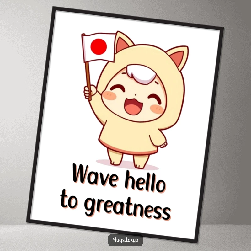 Funny Free Printable Wall Art: A character enthusiastically waves a tiny Japanese flag, symbolizing joy and celebration.
