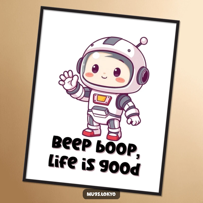Funny Free Printable Wall Art: A cute character dressed in a tiny robot costume waves hello.