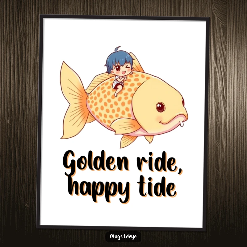 Funny Free Printable Wall Art: A tiny character bravely rides a giant goldfish, a whimsical and hilarious scene.