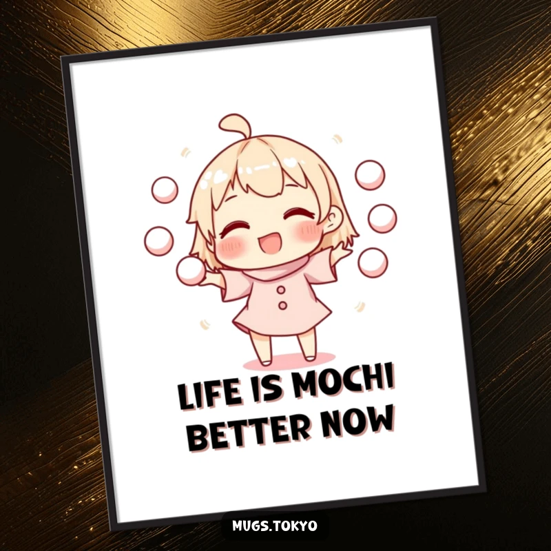 Funny Free Printable Wall Art: Mochi character happily juggling mochi balls, vibrant pixel art decor.