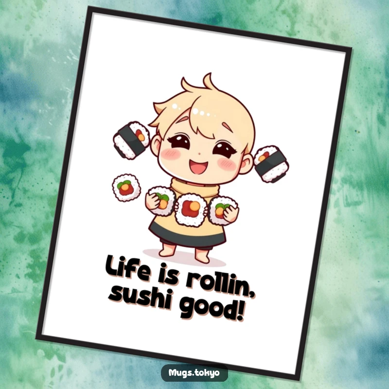 Funny Free Printable Wall Art: Whimsical character joyfully juggling three small sushi rolls, creating a vibrant and humorous scene.