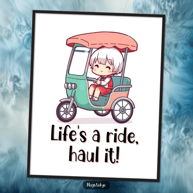 Funny Free Printable Wall Art: Character comically overloaded in a tiny rickshaw, creating a humorous and relatable scene.
