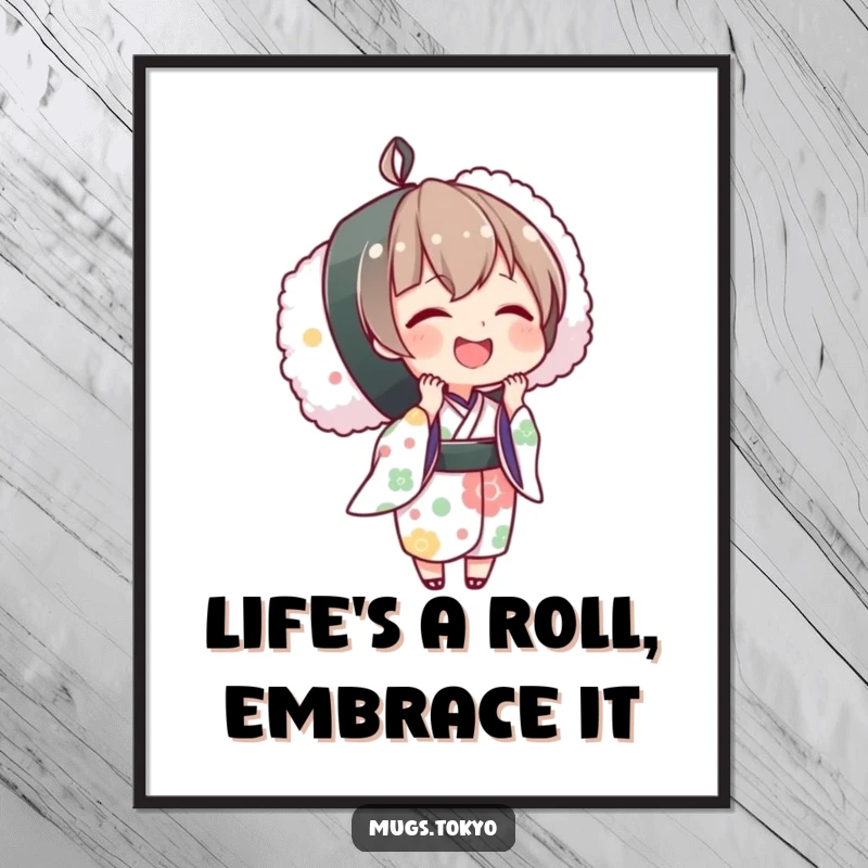 Funny Free Printable Wall Art: A character in a kimono cheerfully holds an oversized sushi roll, adding fun.