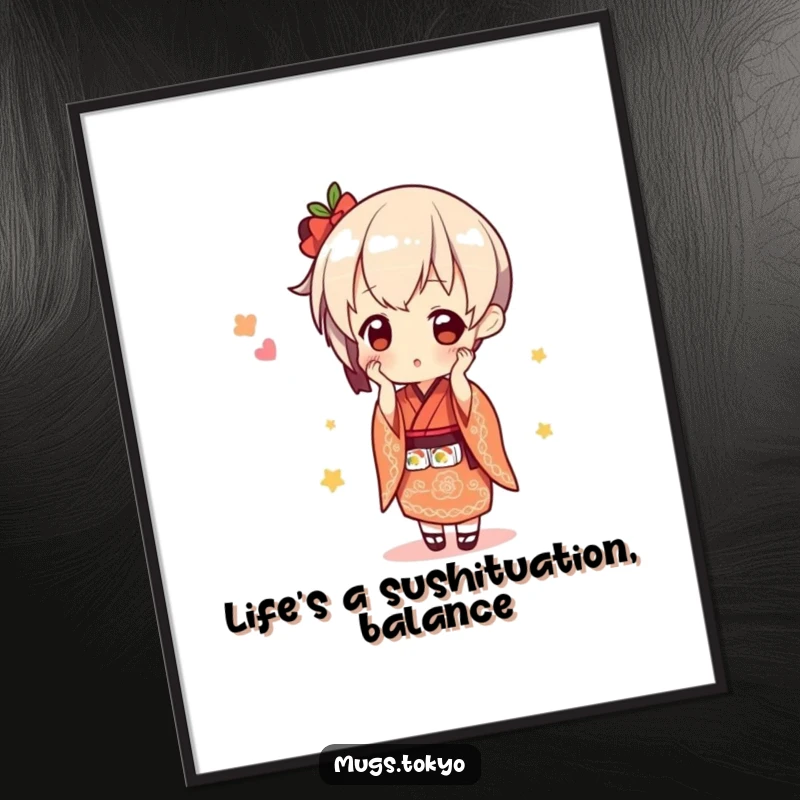 Funny Free Printable Wall Art: A cute character in a kimono attempts to balance an impressive stack of sushi.