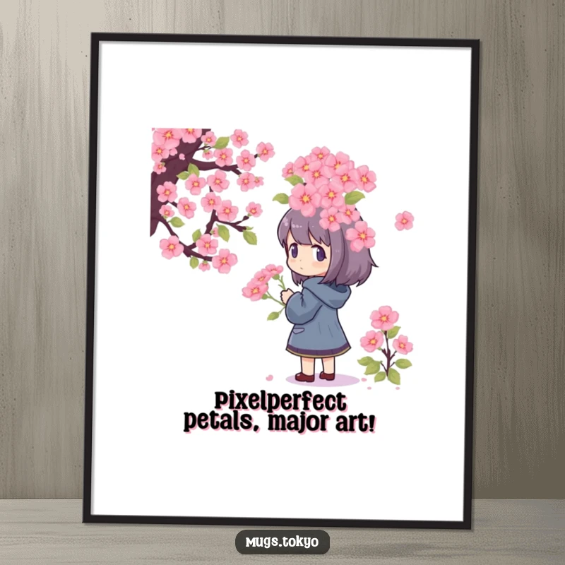 Funny Free Printable Wall Art: A character mesmerized by a gigantic, vibrant pixelated cherry blossom bouquet, full of wonder.