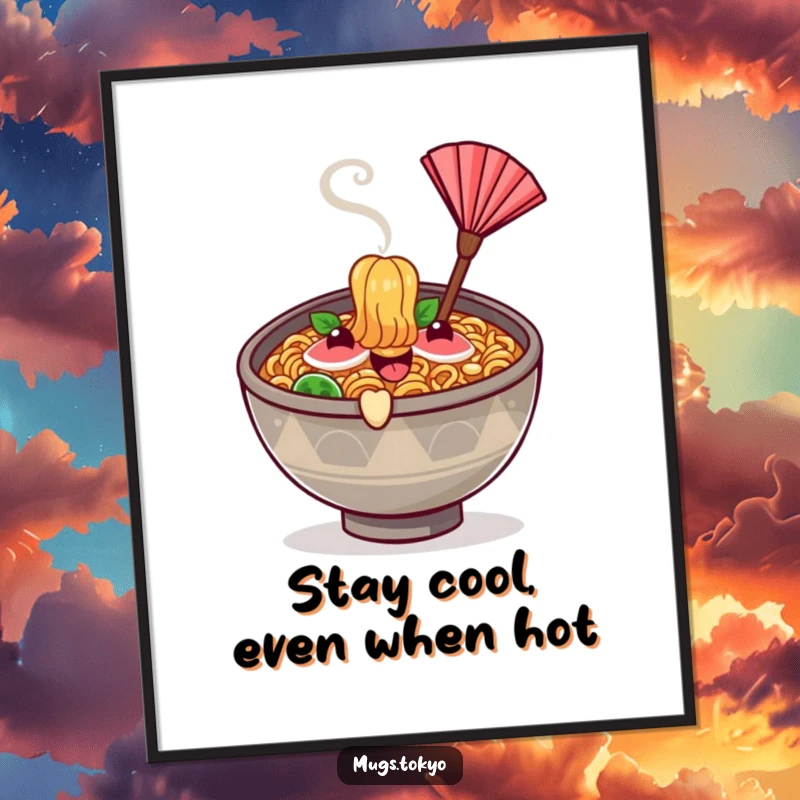 Funny free printable wall art of a happy ramen bowl character with steam rising, fanning itself with a tiny fan.