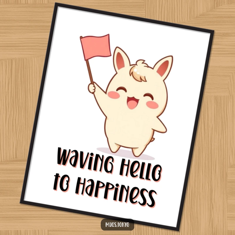 Funny Free Printable Wall Art: Character excitedly waving a small, charming paper flag. Energetic, downloadable decor for a happy vibe.