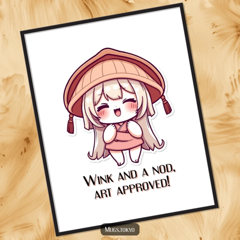 Funny Free Printable Wall Art: A character wearing a traditional Japanese hat offers a charming, playful wink, full of character.