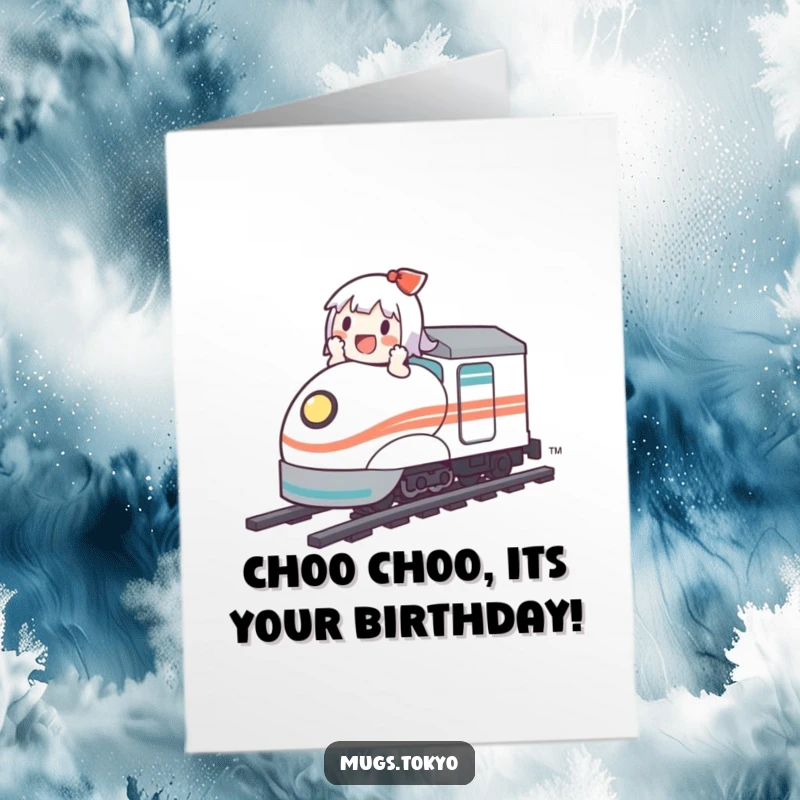 Funny Free Printable Birthday Card showing a cute character ecstatically riding a mini bullet train, ready for a fast and fun celebration.