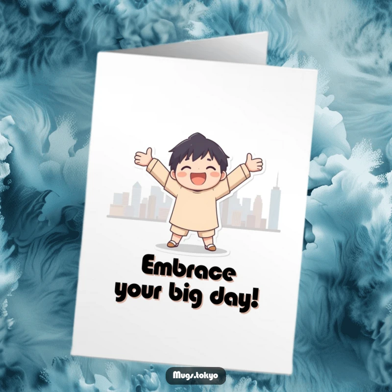 Funny Free Printable Birthday Card: Joyful character with open arms embracing a vibrant city skyline silhouette, celebrating big dreams.