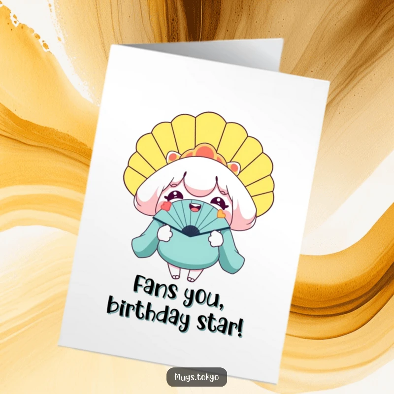 Funny Free Printable Birthday Card: Smiling character holding open a comically large novelty fan, spreading cheer.